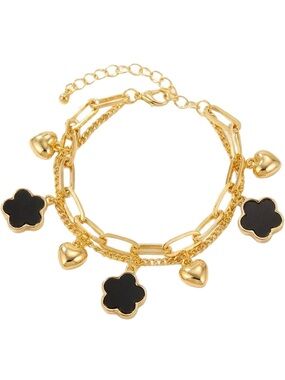 Color Gold Charm Bracelet with Black Clover and Heart Drops